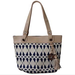 SPARTINA Daufuskie Island Linen & Leather Tote Navy And Cream Shoulder Bag